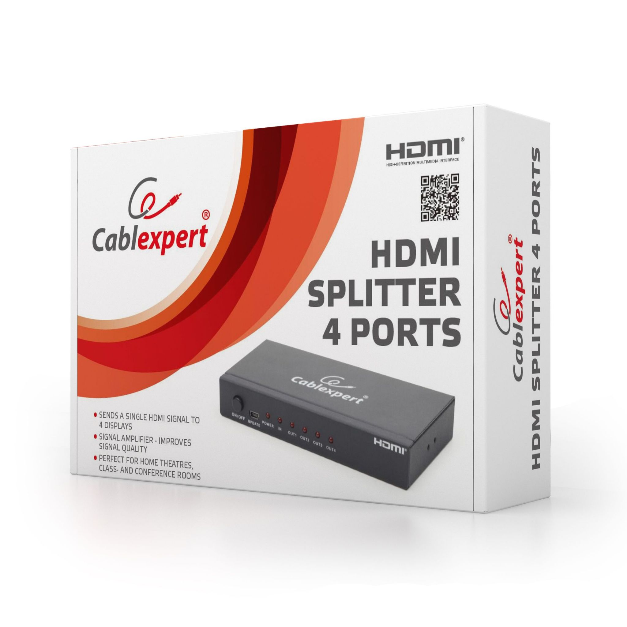 Cablexpert HDMI Splitter 4 Ports box. Text: Sends HDMI signal to 4 displays.