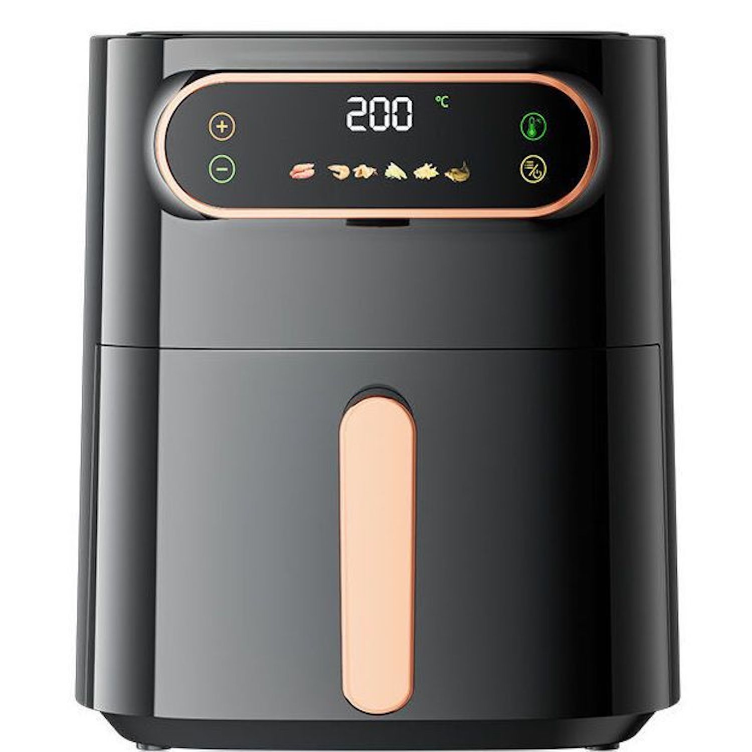 Freidora de aire negra con pantalla digital que muestra 200 grados. Está encendida.