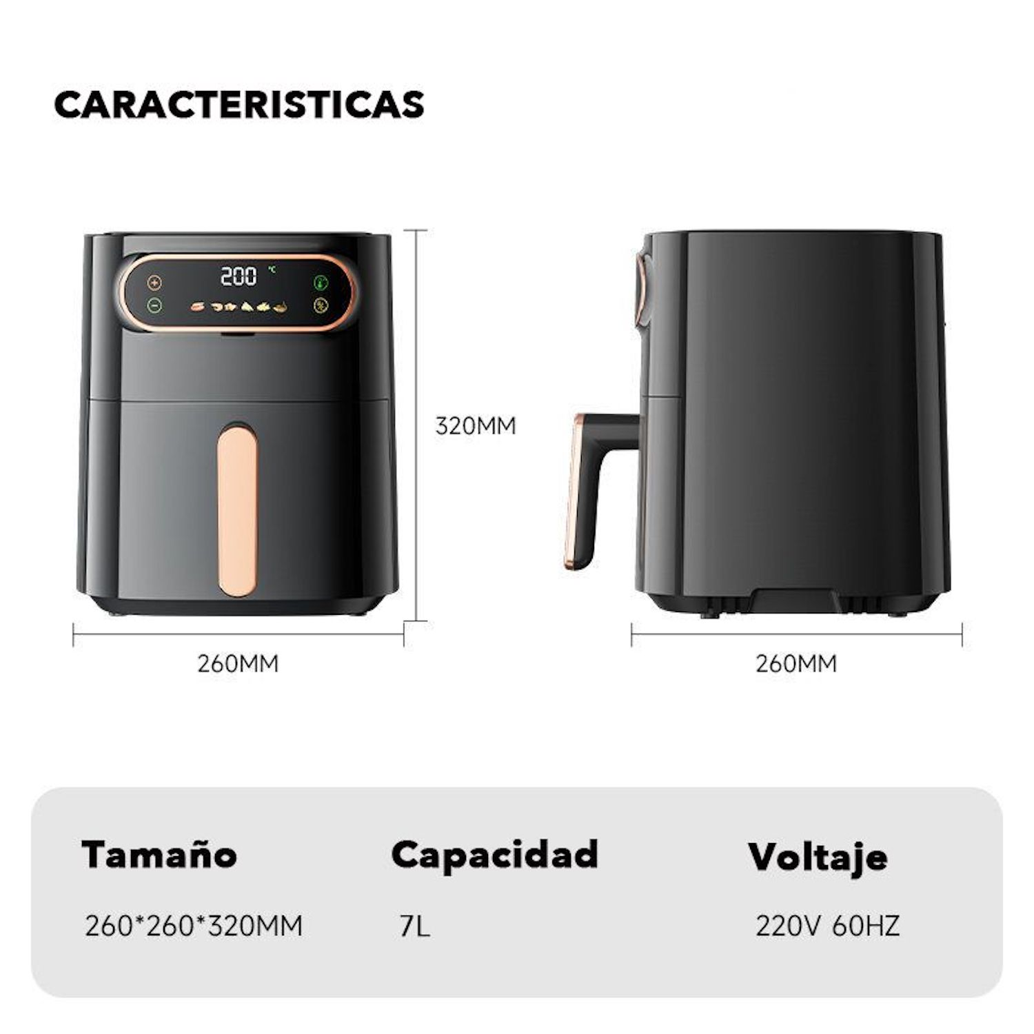 Freidora de aire, negra con detalles cobrizos, con dimensiones y voltaje mostrados.