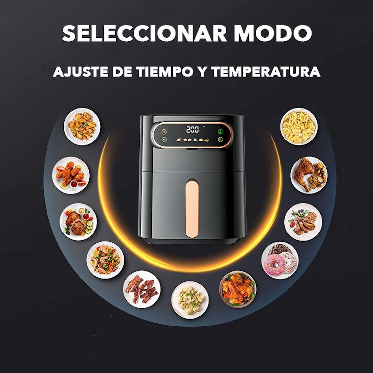 Freidora de aire negra con imágenes de comida alrededor, texto: Seleccionar modo. Ajustar tiempo y temp.