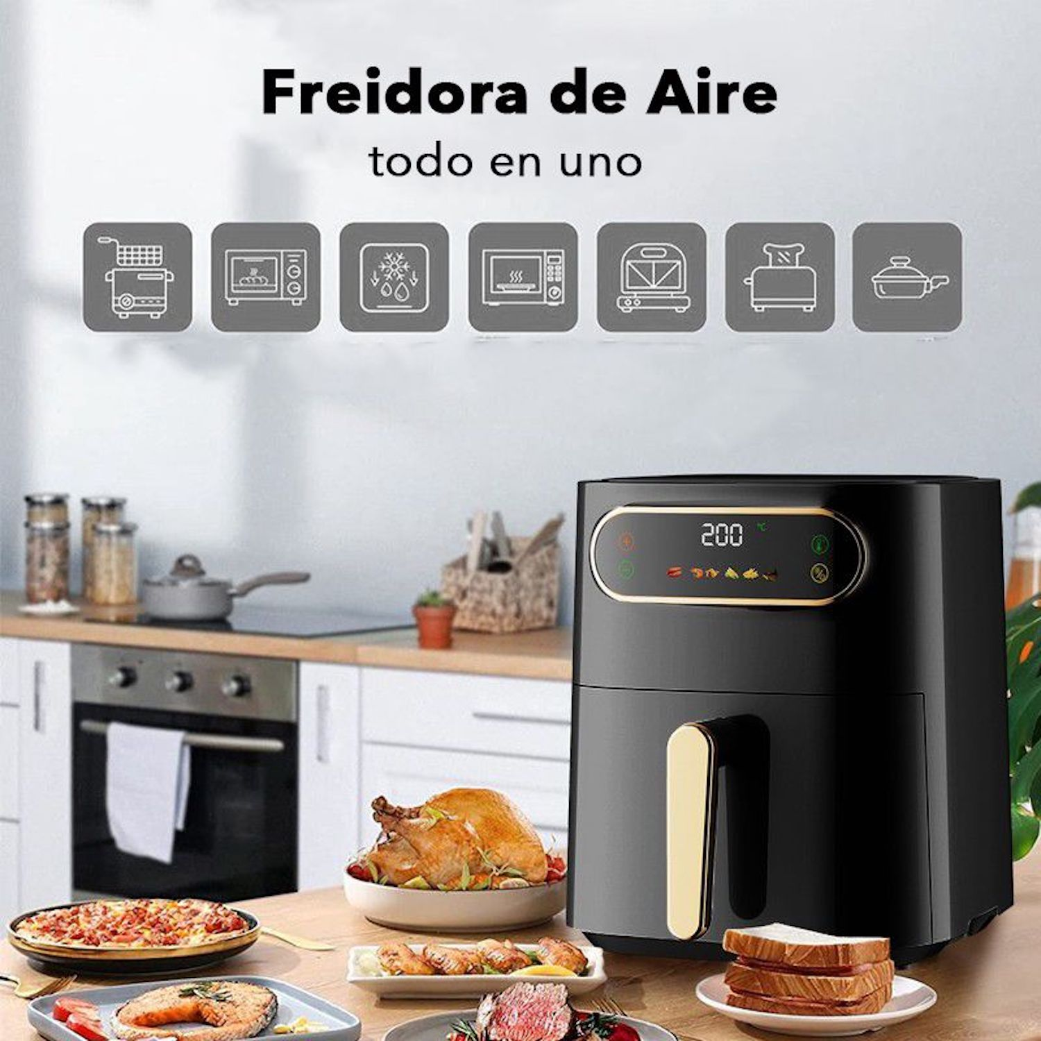 Freidora de aire negra en una encimera. Texto: Freidora de aire todo en uno. Alimentos exhibidos: fritos y carne.