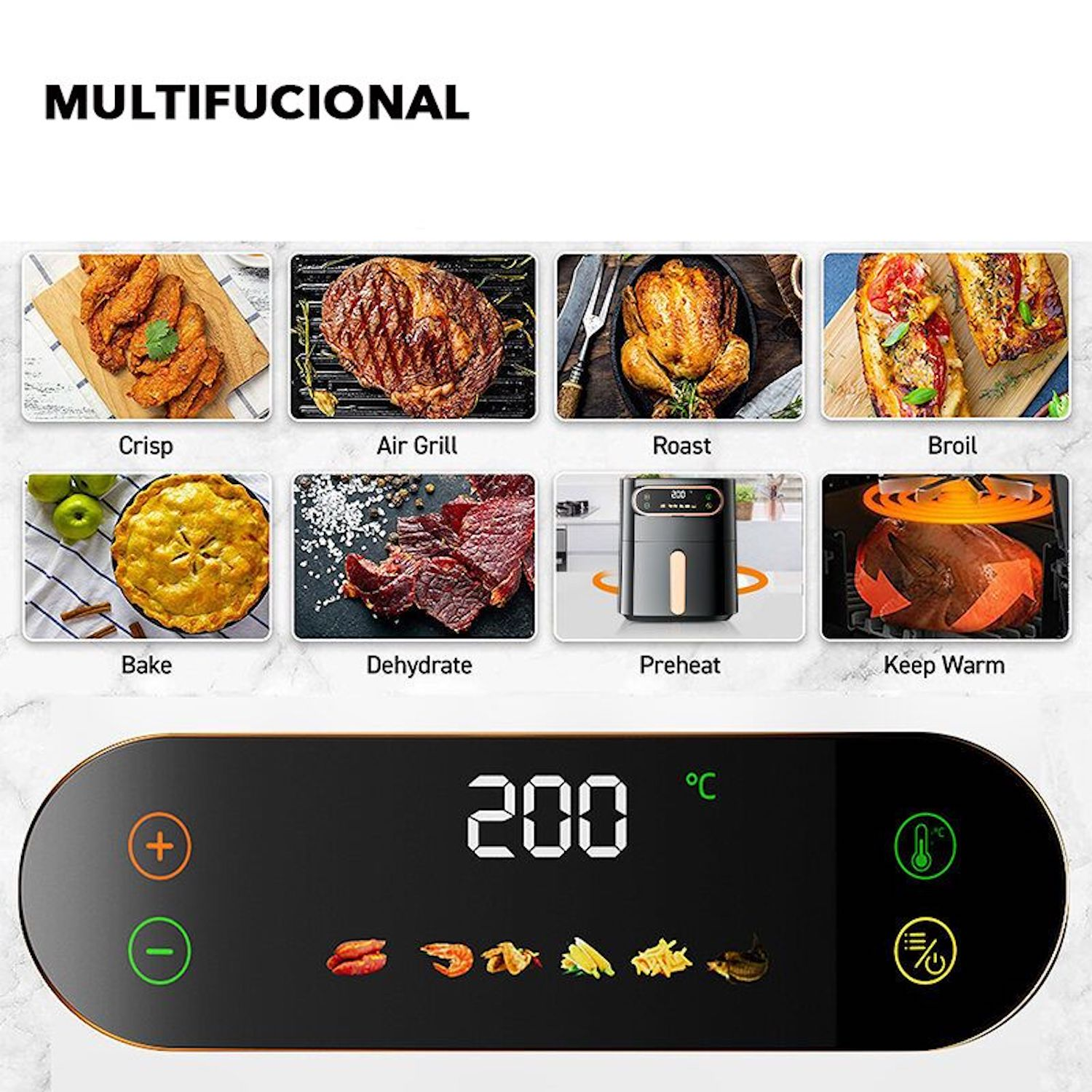 Freidora de aire multifuncional con imágenes de comida, pantalla digital y controles.