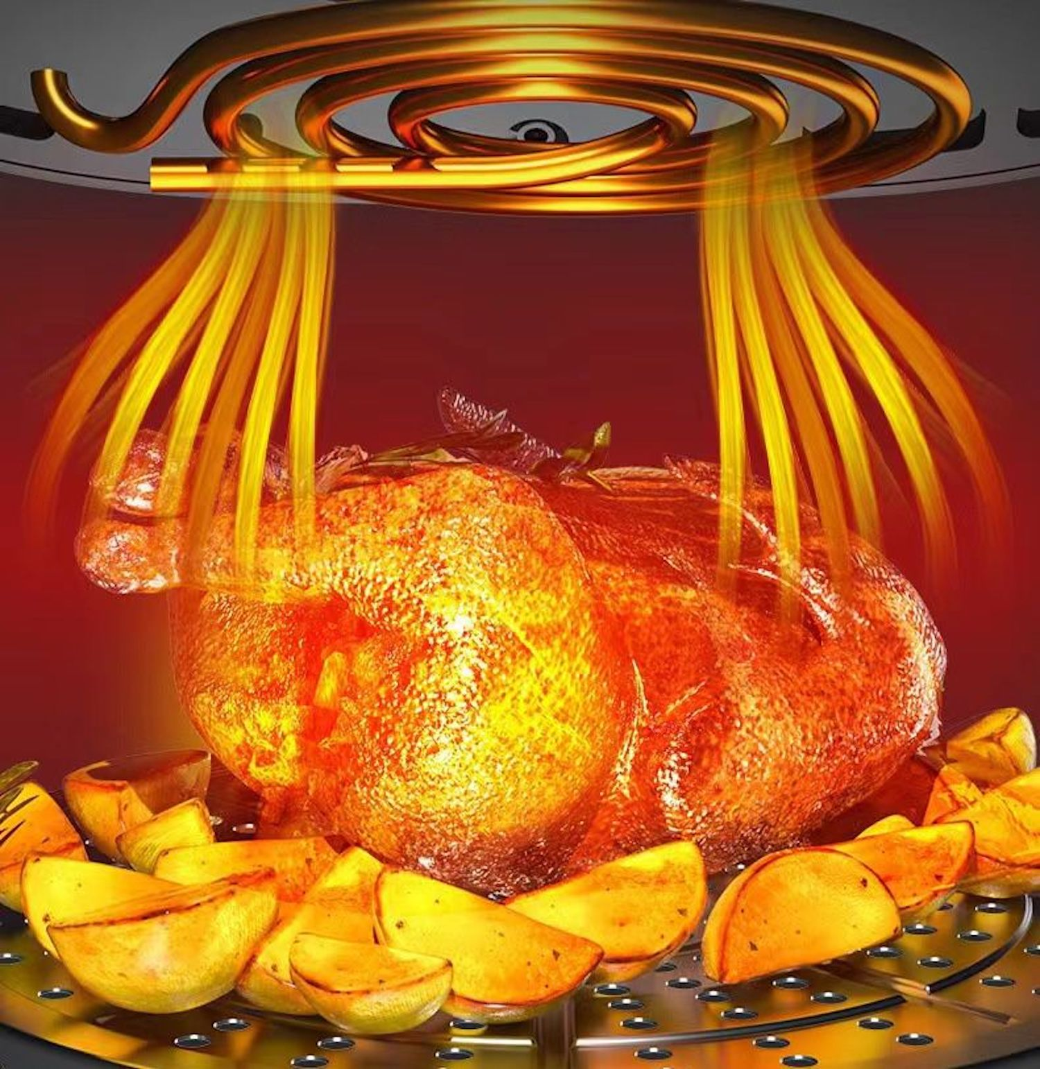 Pollo asado y rodajas de patata en un horno. La escena está iluminada por luz naranja.