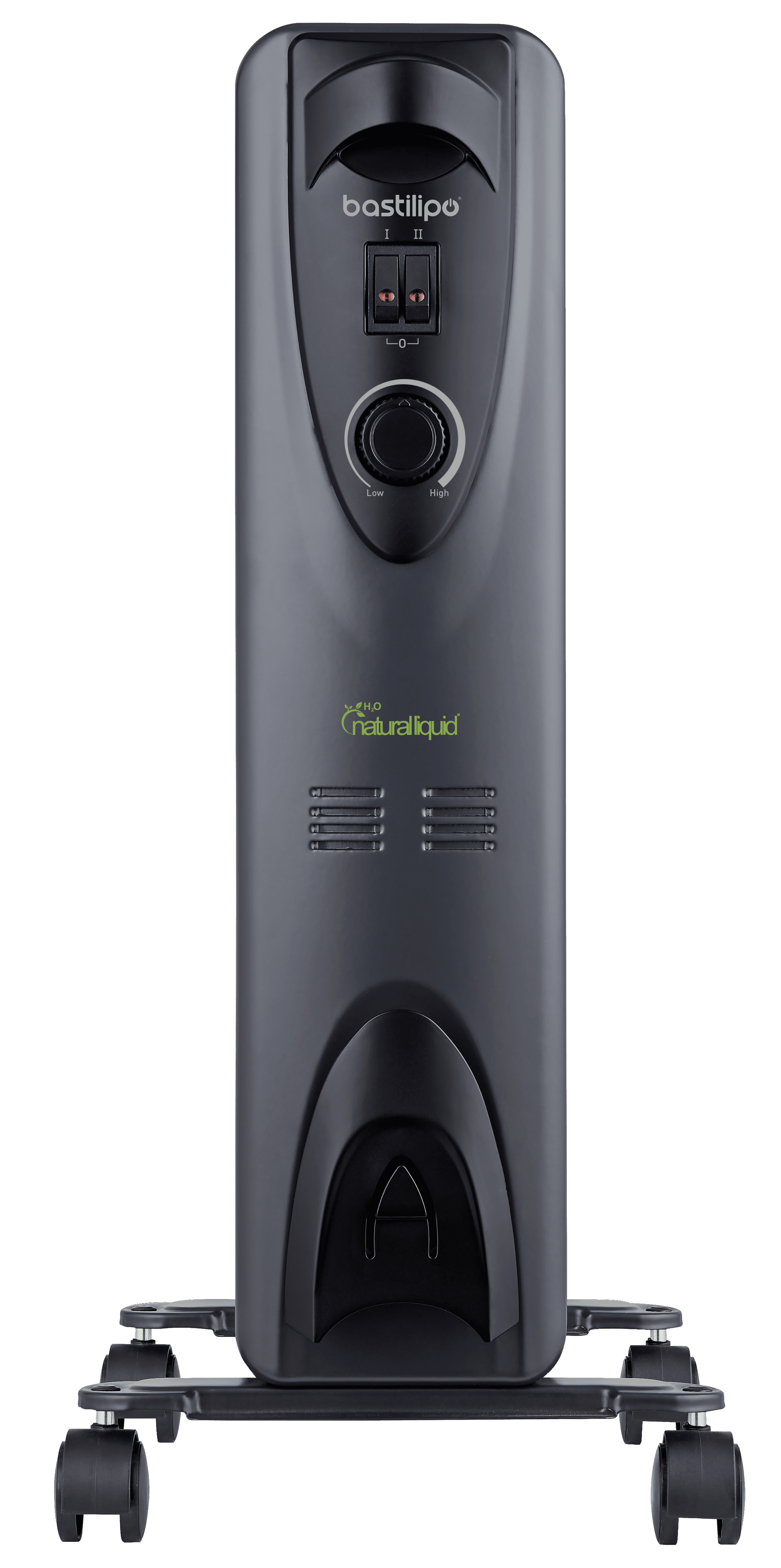 Termosifone radiatore nero riempito d'olio con pannello di controllo e ruote. Su sfondo nero.