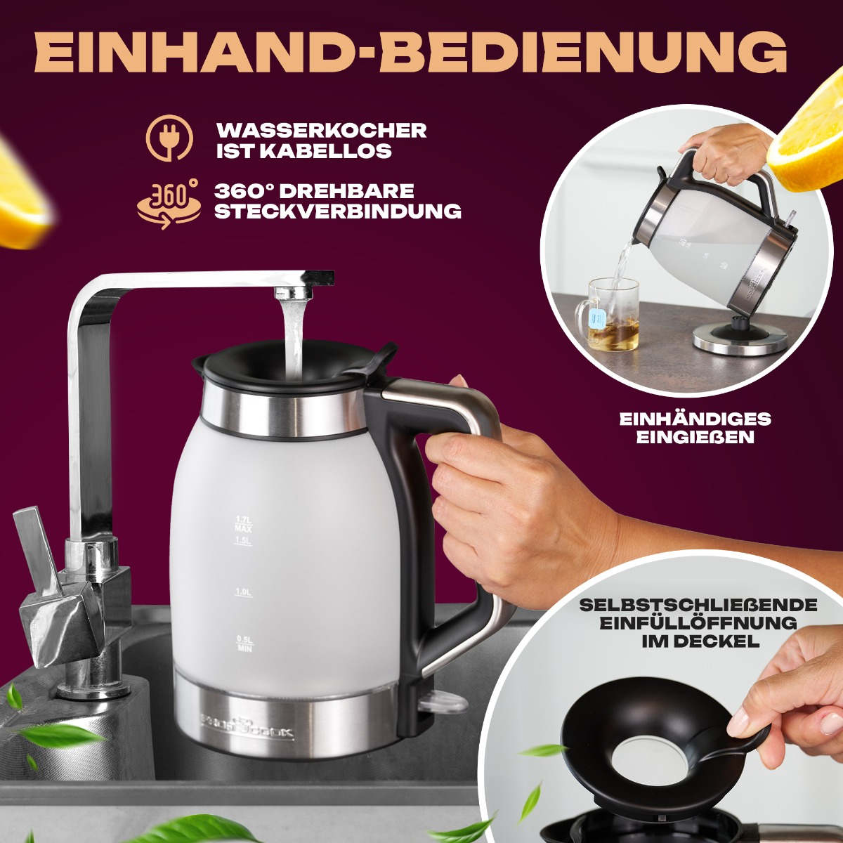 Biało-czarny czajnik elektryczny z wylewką. W tle widoczny kran.