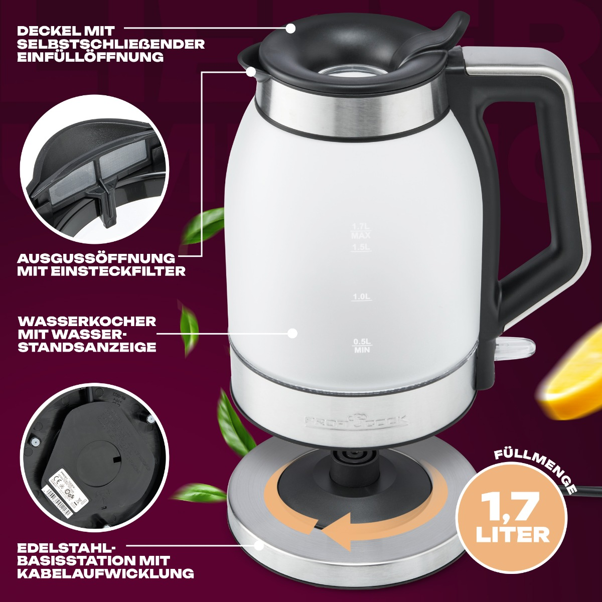 Biały i stalowy czajnik elektryczny z oznaczonymi częściami i funkcjami, ze plasterkiem cytryny.