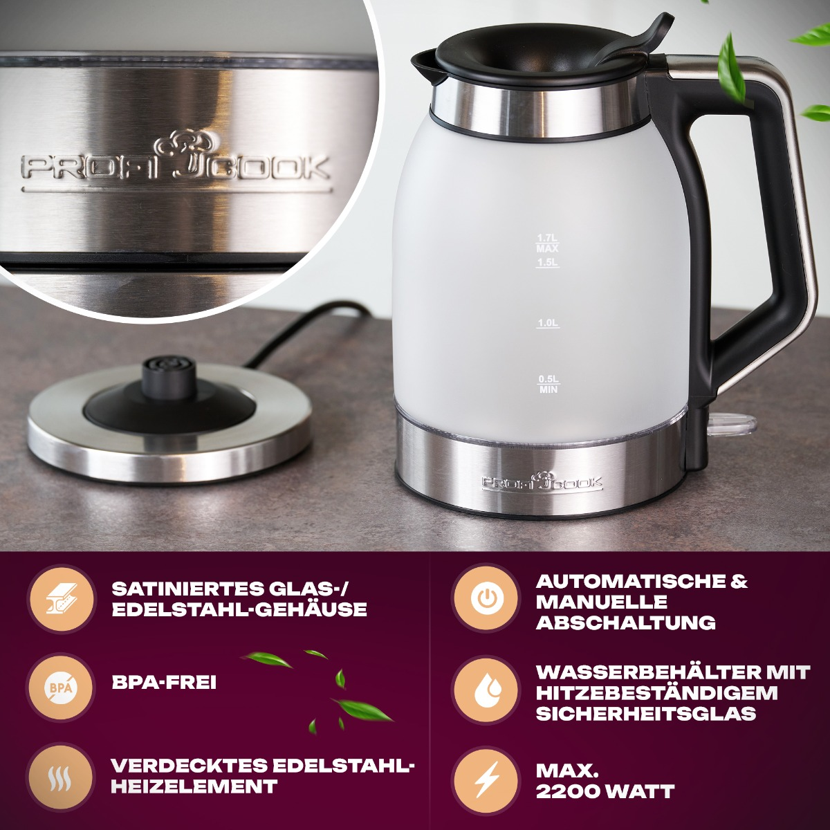 Biały czajnik elektryczny z czarnym uchwytem, metalową podstawą i ikonami informacyjnymi.