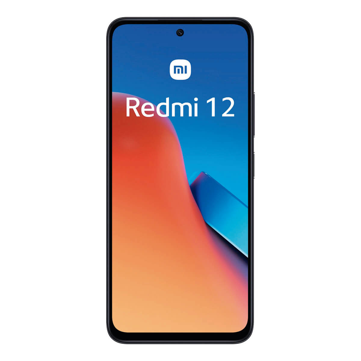 Ein Redmi 12 Smartphone, schwarzer Rahmen, mit dem Redmi-Logo auf dem Display.