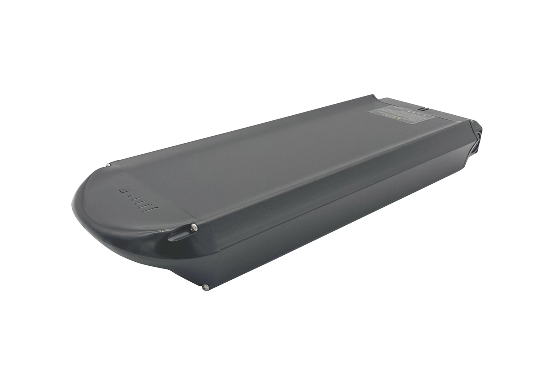 Dunkelgraue rechteckige Batterie mit abgerundeten Kanten. Es ist auf weißem Hintergrund.