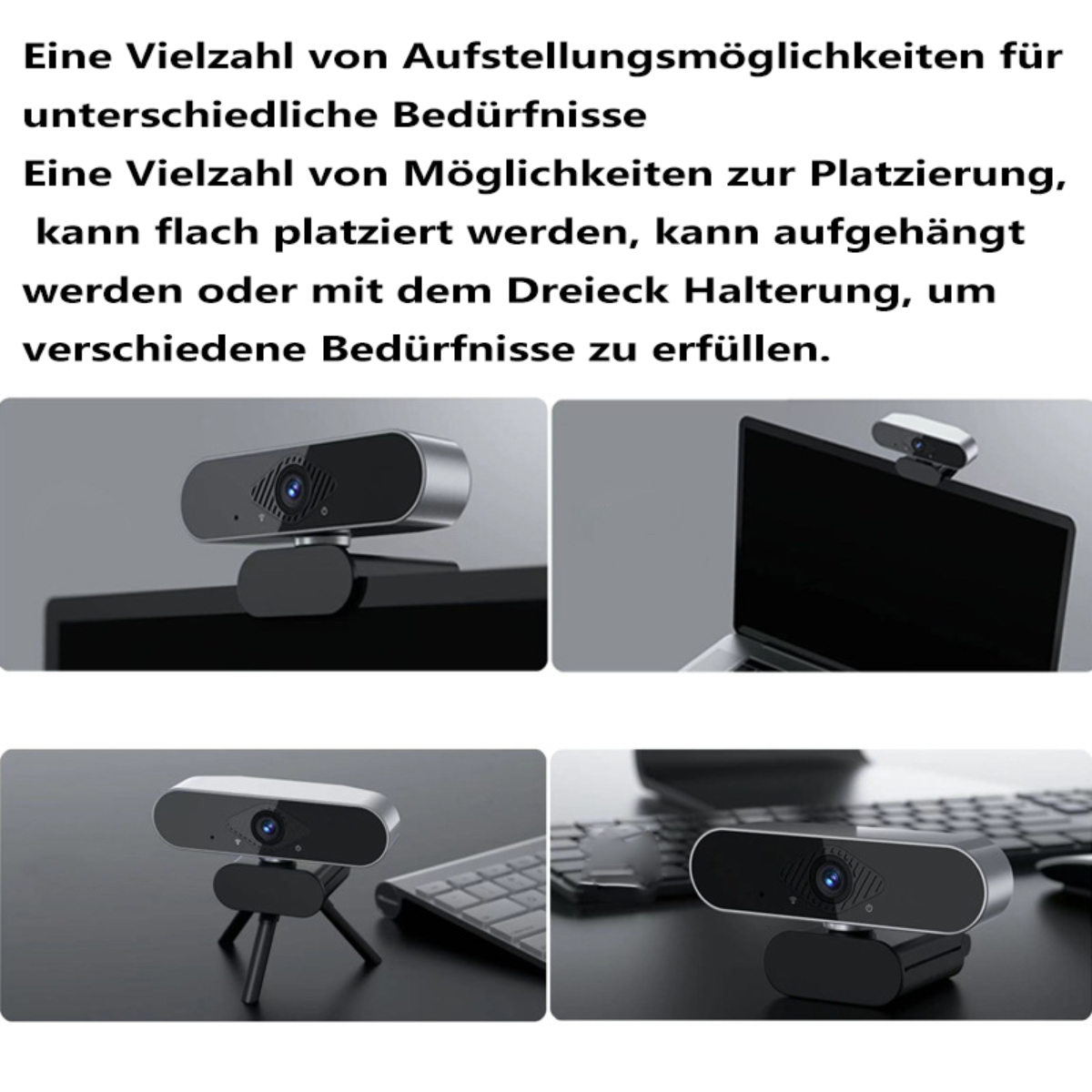 Webcam en múltiples configuraciones, incluyendo en monitor, portátil y trípode.