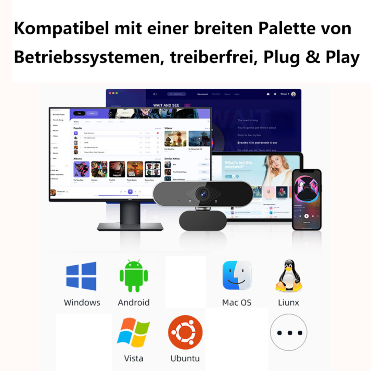 Imagen muestra monitor, webcam, tableta y teléfono, mostrando diferentes interfaces. Iconos Windows, Android y otros SO.