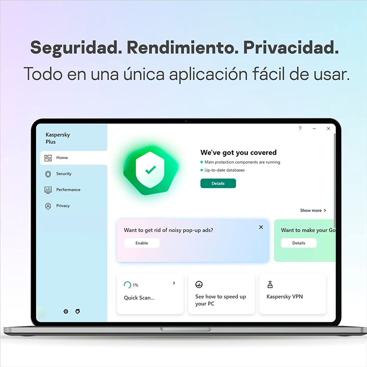 Ordenador portátil que muestra una interfaz de Kaspersky Plus en un escritorio. La interfaz tiene una marca de verificación verde.