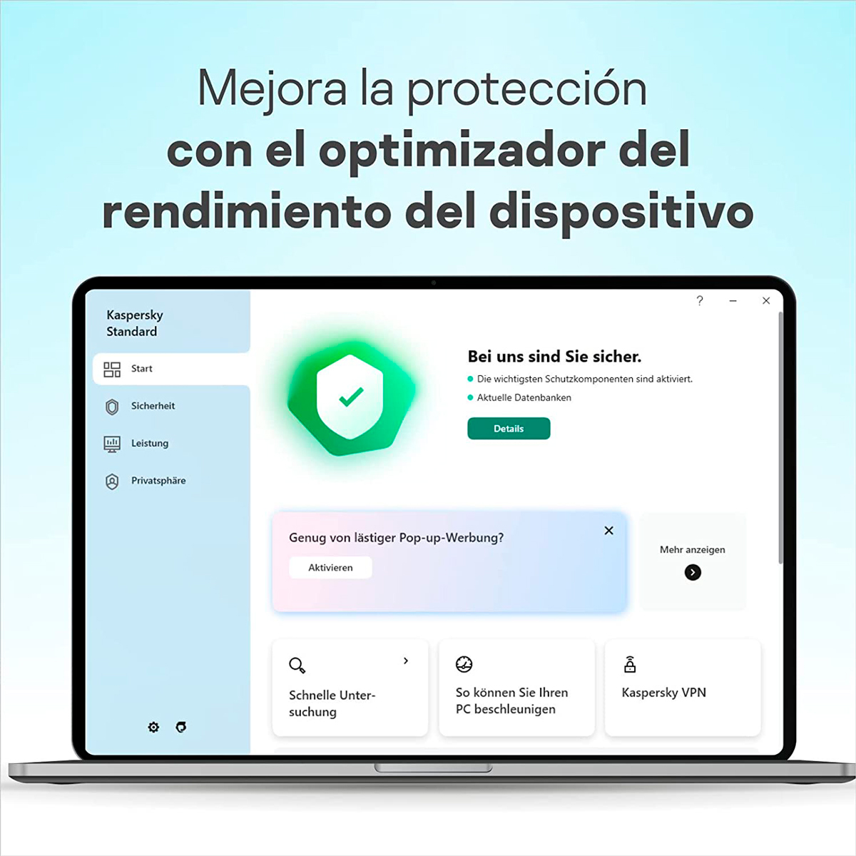 Portátil con interfaz de software Kaspersky en pantalla.