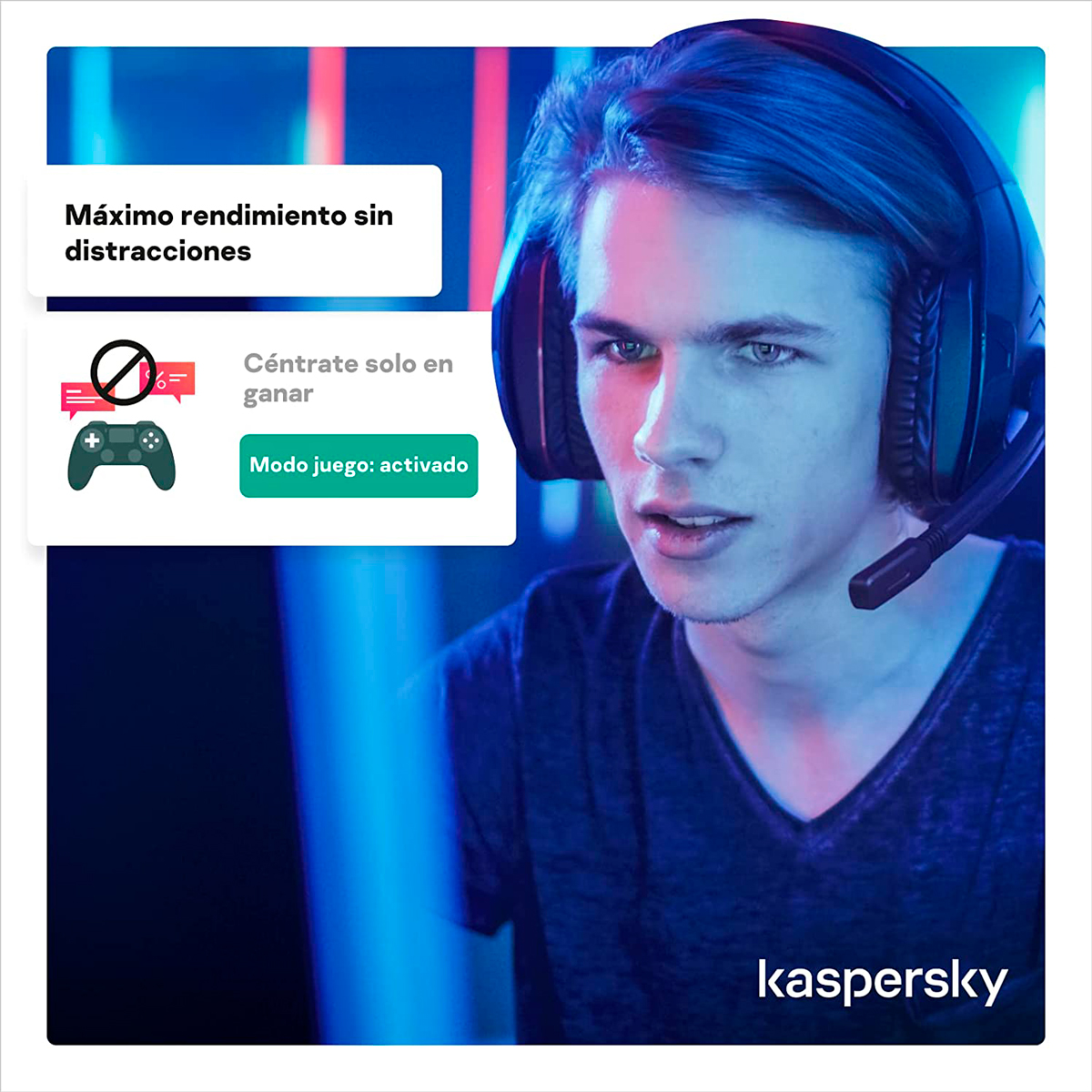 Jugador usando auriculares, mirando fijamente una pantalla, con gráficos relacionados con juegos.