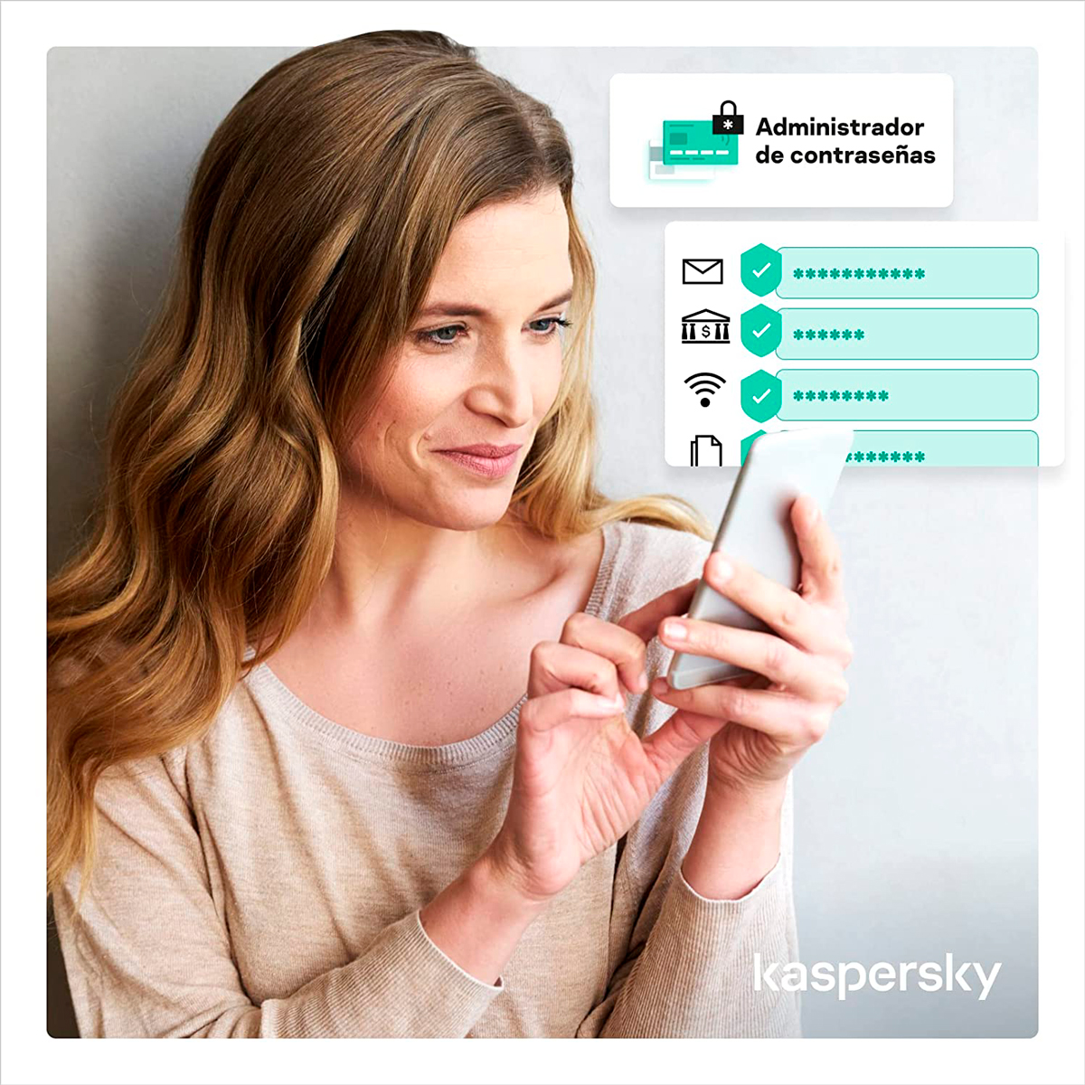 Mujer usando un teléfono. Se muestra una interfaz de administrador de contraseñas en la pantalla.