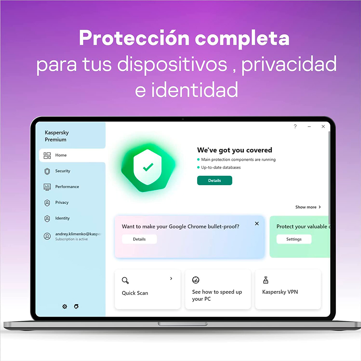 Pantalla de portátil mostrando una interfaz de software de seguridad. Fondo morado.