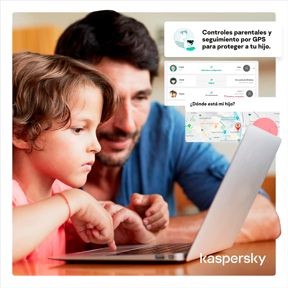 Un padre y un hijo usan una computadora portátil juntos. Un gráfico en la pantalla muestra un mapa.
