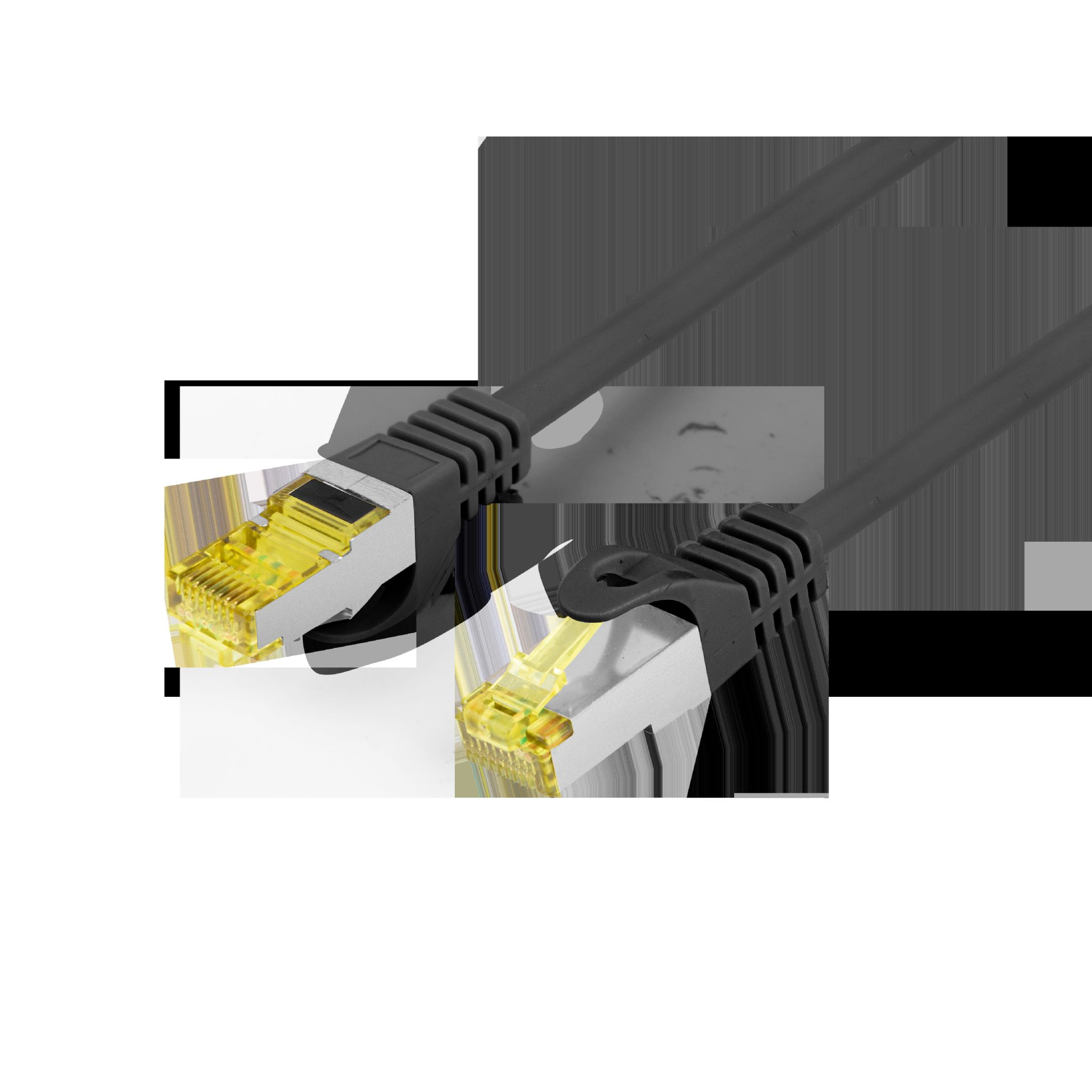 Dwa kable sieciowe z żółtymi złączami i szarym kablem.
