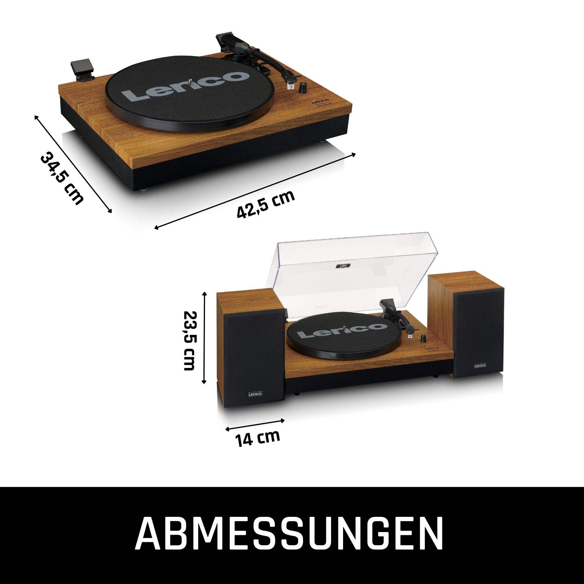 Tocadiscos con altavoces, dimensiones indicadas. Combinación de colores marrón y negro.