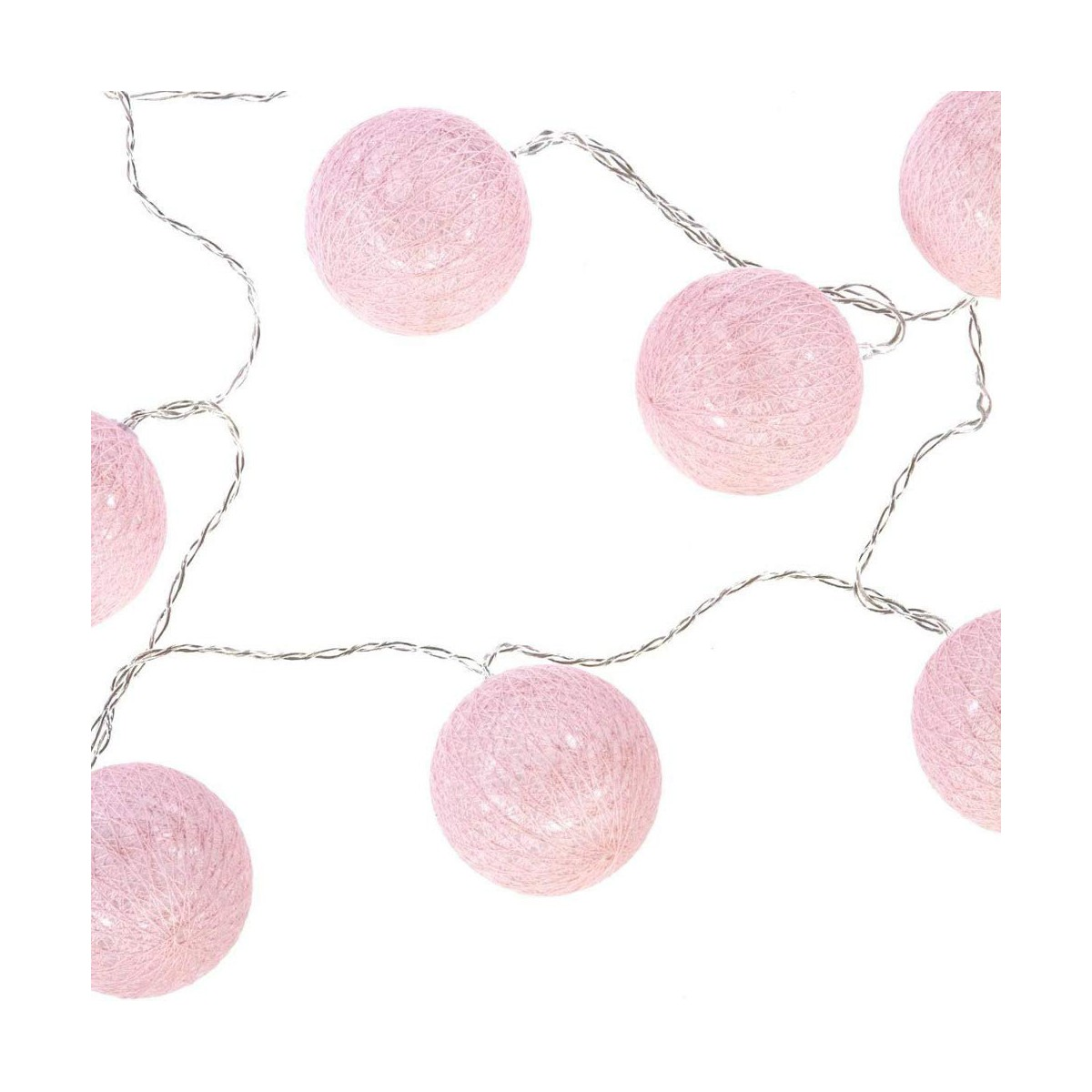 Luces de cadena con varias luces rosas, esféricas y brillantes sobre blanco.