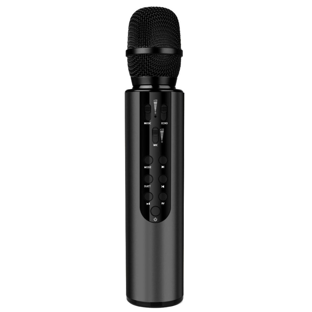 Un micrófono negro con botones para música, eco, modo, dueto y un botón de encendido, con controles de volumen.