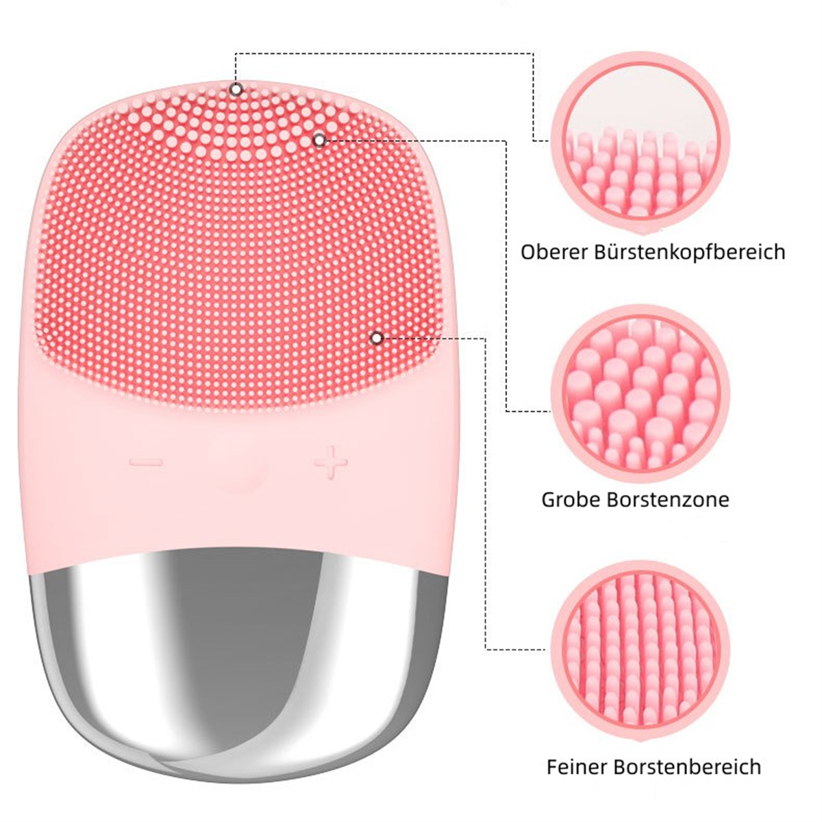 Un cepillo de limpieza facial rosa con tres vistas de primer plano de los cabezales del cepillo.