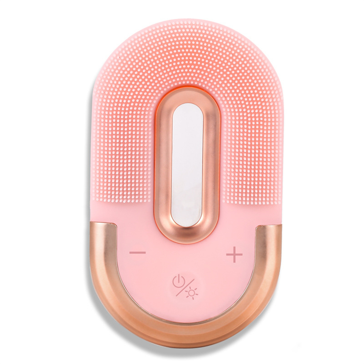 Un cepillo de limpieza facial rosa con detalles en oro rosa y cuatro botones.