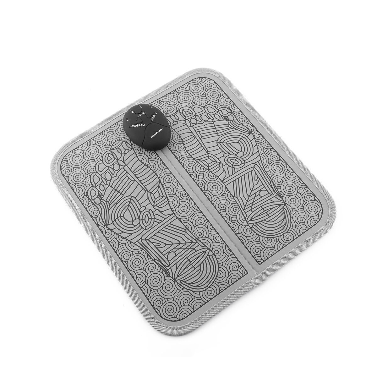 Szary masażer stóp z czarnym panelem sterowania na białej powierzchni.