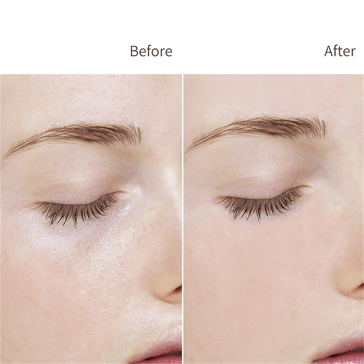 Dos fotos de cerca que muestran el antes y el después de un tratamiento de cejas. Ojos cerrados.