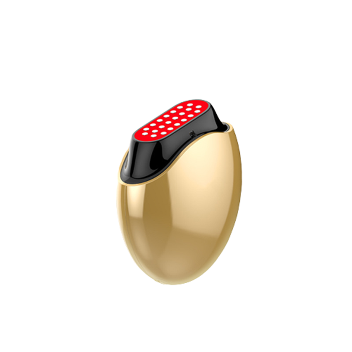 Dispositivo dorado en forma de huevo con parte superior negra y luces rojas, aislado sobre blanco.