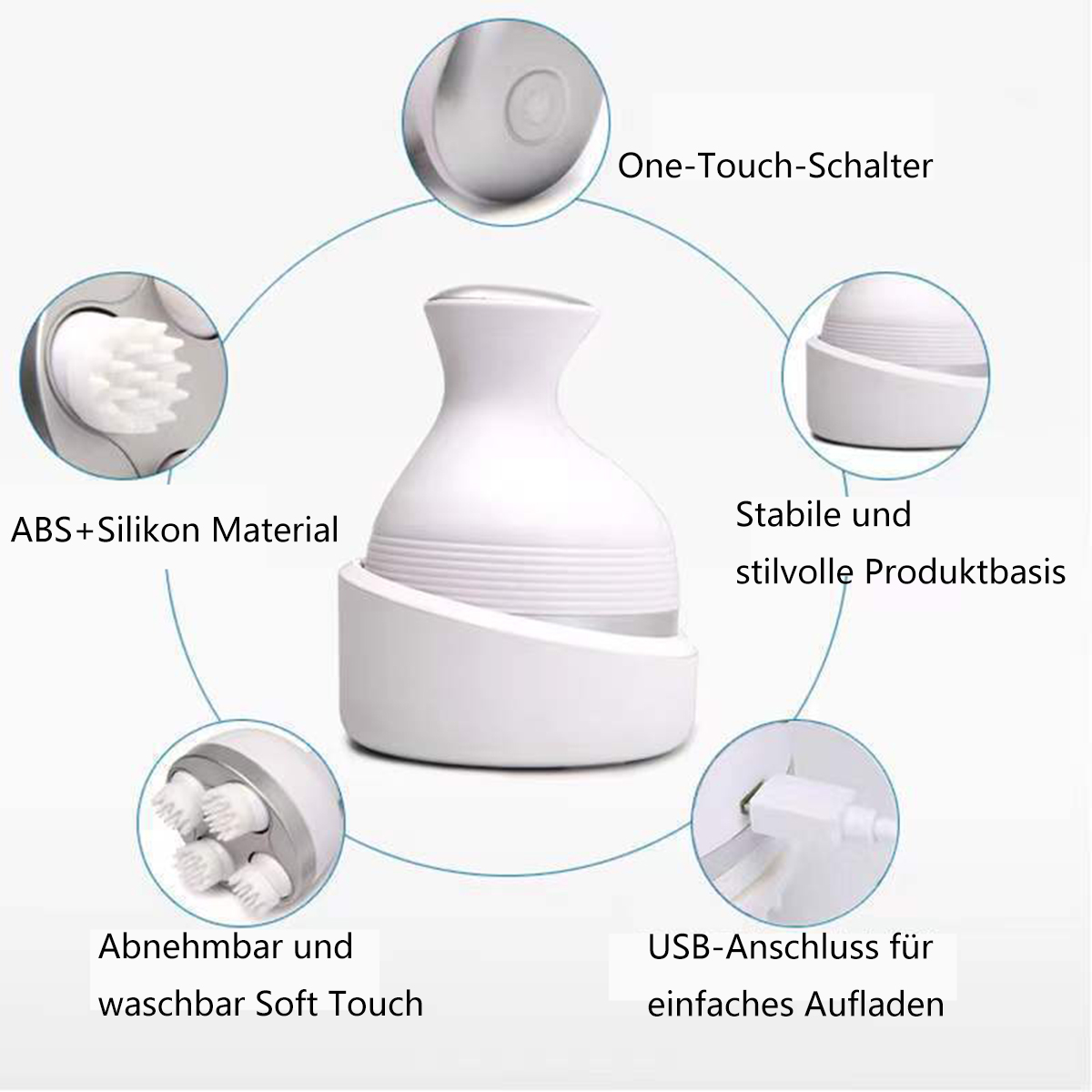 Masajeador de cabeza blanco con partes etiquetadas. Características: interruptor táctil, USB, tacto suave, ABS.