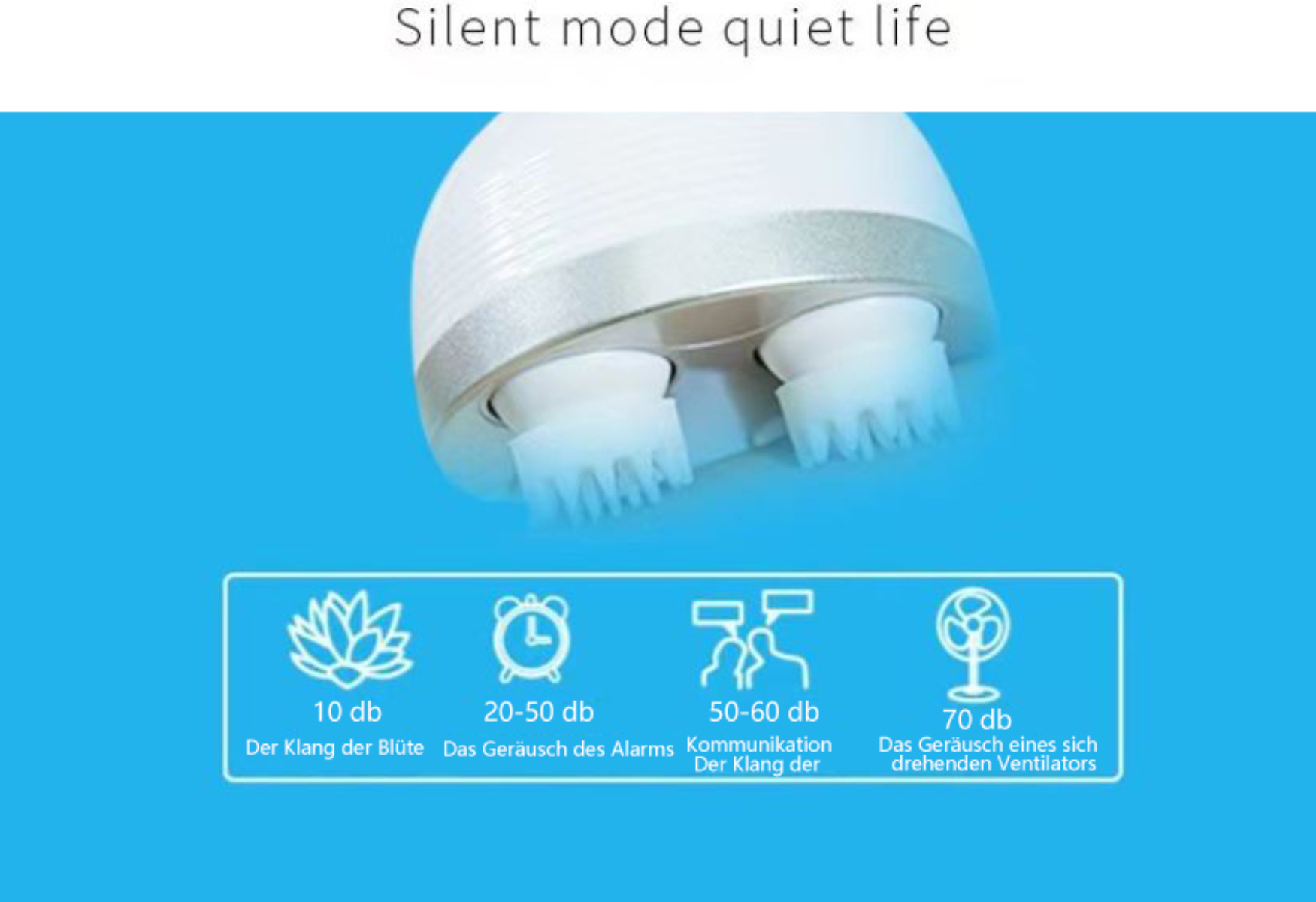 Imagen de un cepillo facial blanco con texto sobre niveles de sonido e iconos.