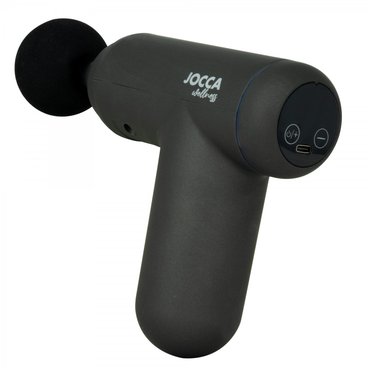 Pistola de masaje JOCCA wellness negra con cabezal redondo.