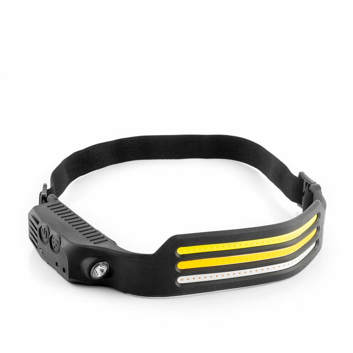 Faro da testa con cinturino nero. Ha un corpo nero con una piccola luce e tre luci gialle.