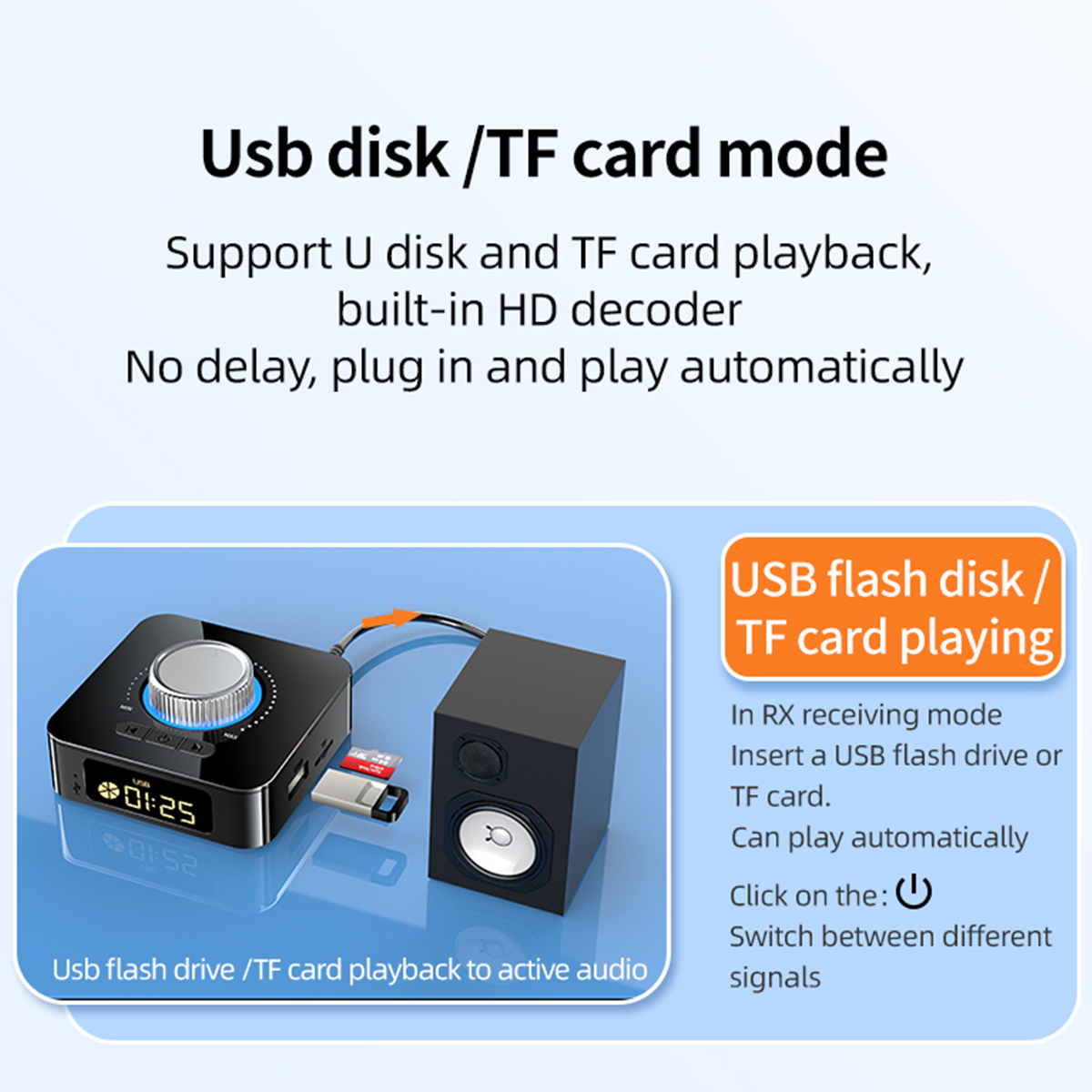 Diagrama con texto: Modo disco USB/tarjeta TF. Muestra un dispositivo y un altavoz. Fondo blanco.