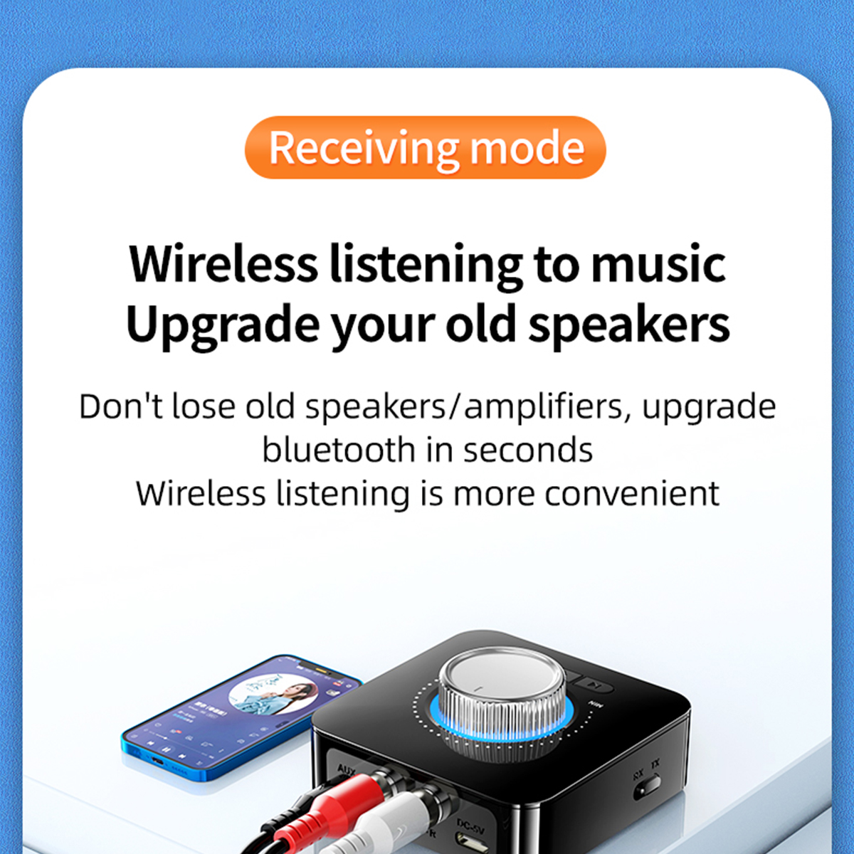 Un dispositivo negro con entradas y un teléfono reproduciendo música.