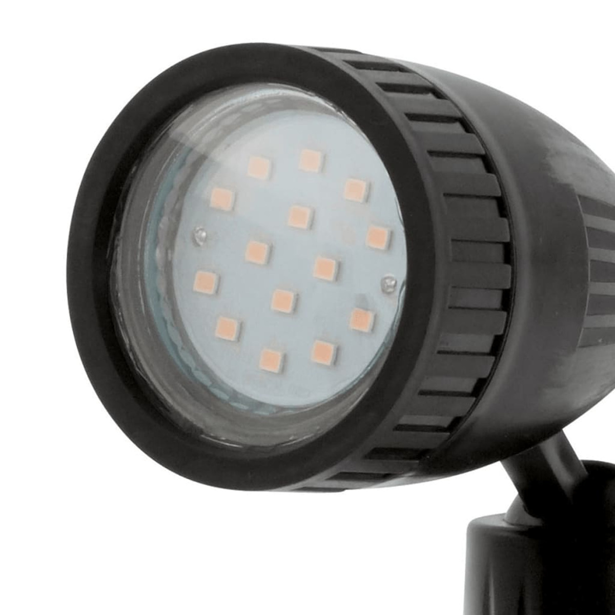 Faretto a LED nero con luci arancioni su sfondo bianco.