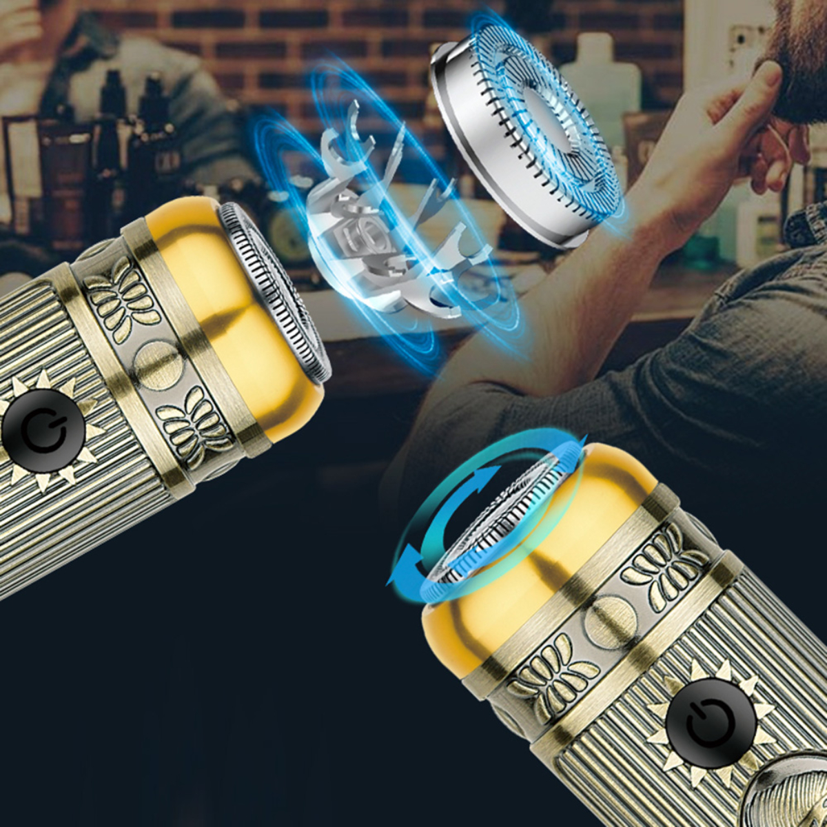 Dos afeitadoras eléctricas doradas y un primer plano de las cuchillas con líneas azules en espiral.