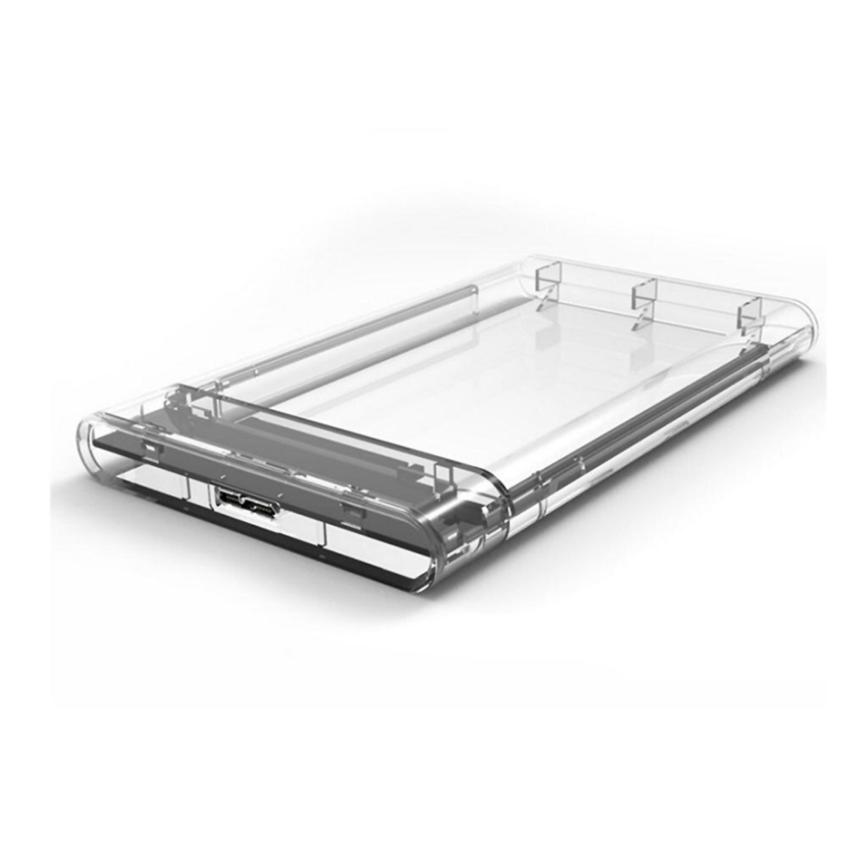 Carcasa de plástico transparente y rectangular para dispositivos electrónicos, con puerto USB.