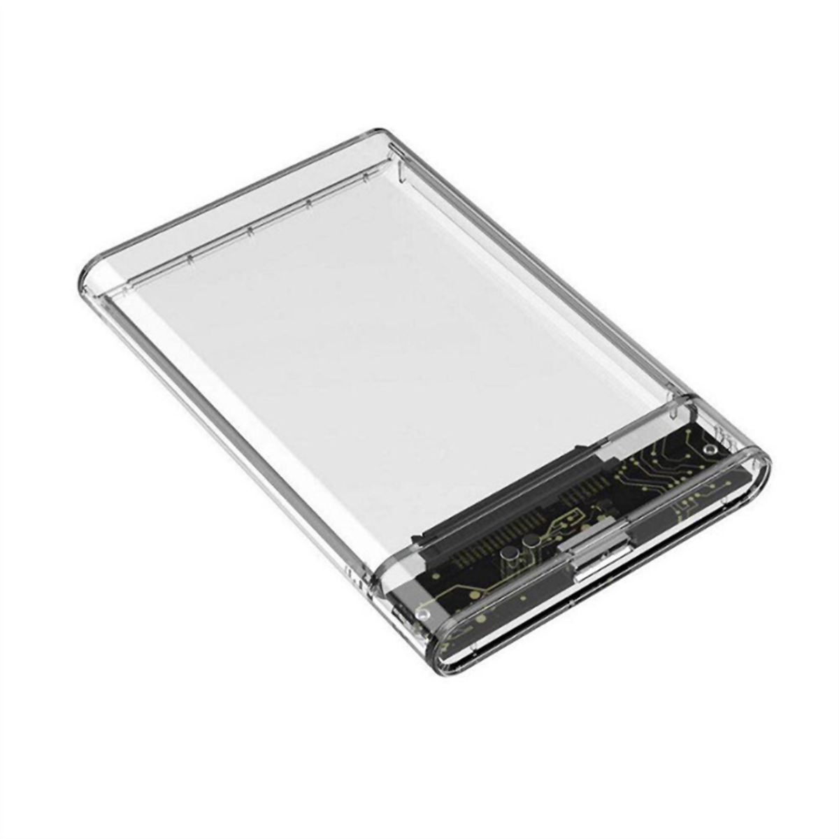 Una carcasa de disco duro externo rectangular transparente con una placa de circuito en el interior, aislada en blanco.