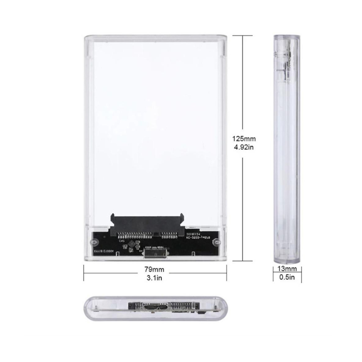 Carcasa externa transparente para disco duro con medidas en mm y pulgadas. Fondo blanco.