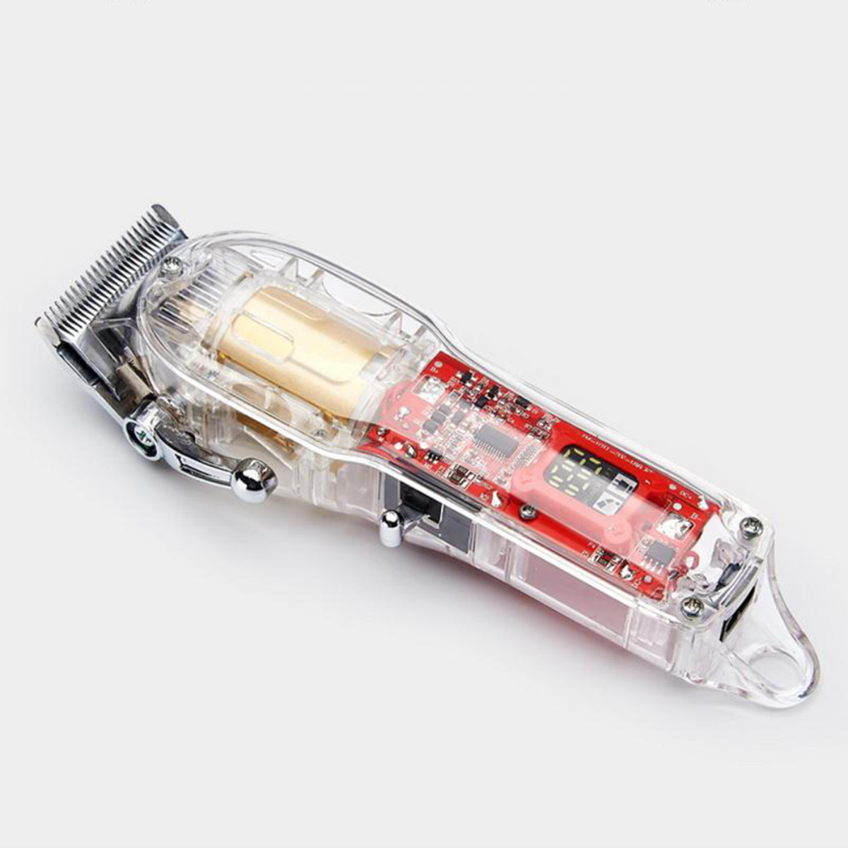Cortapelos eléctrico transparente, con componentes internos rojos visibles.