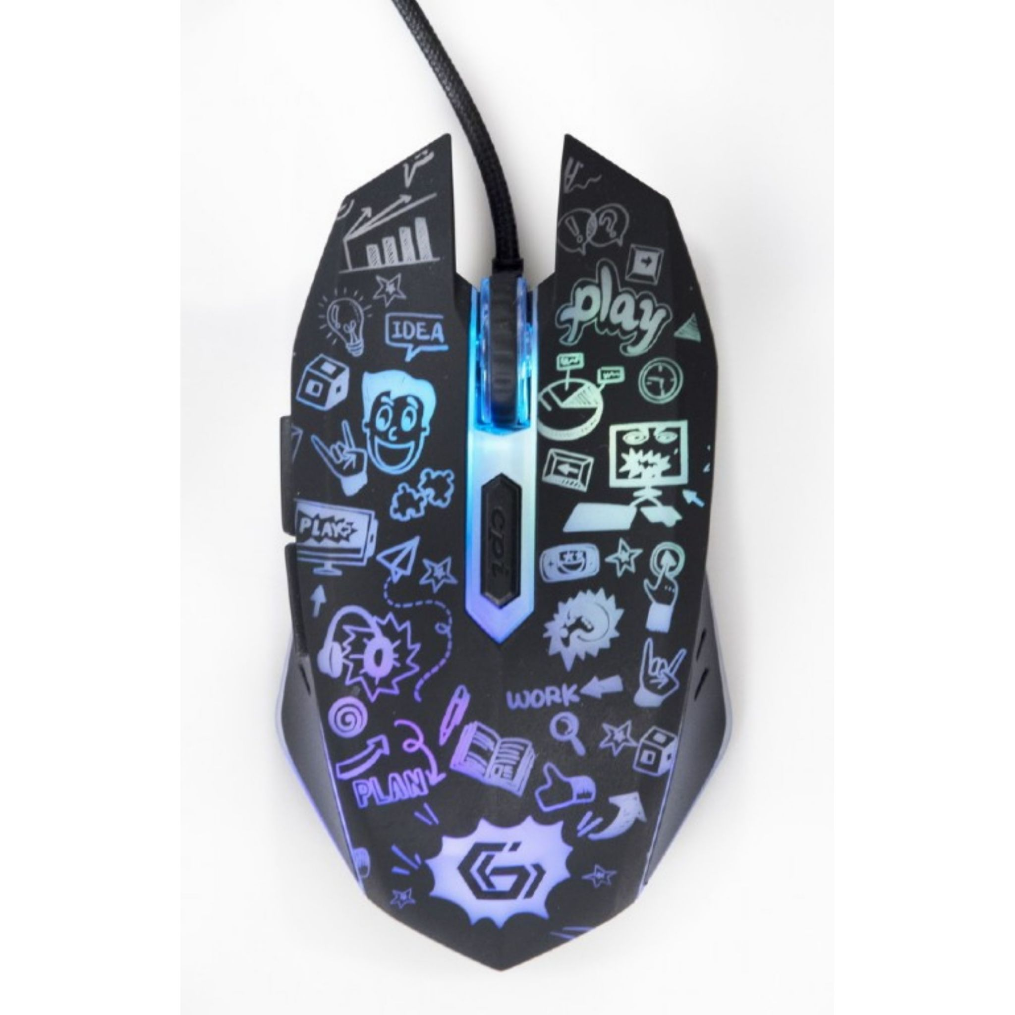 Een zwarte gamingmuis met kleurrijke doodles, verlicht door een licht.