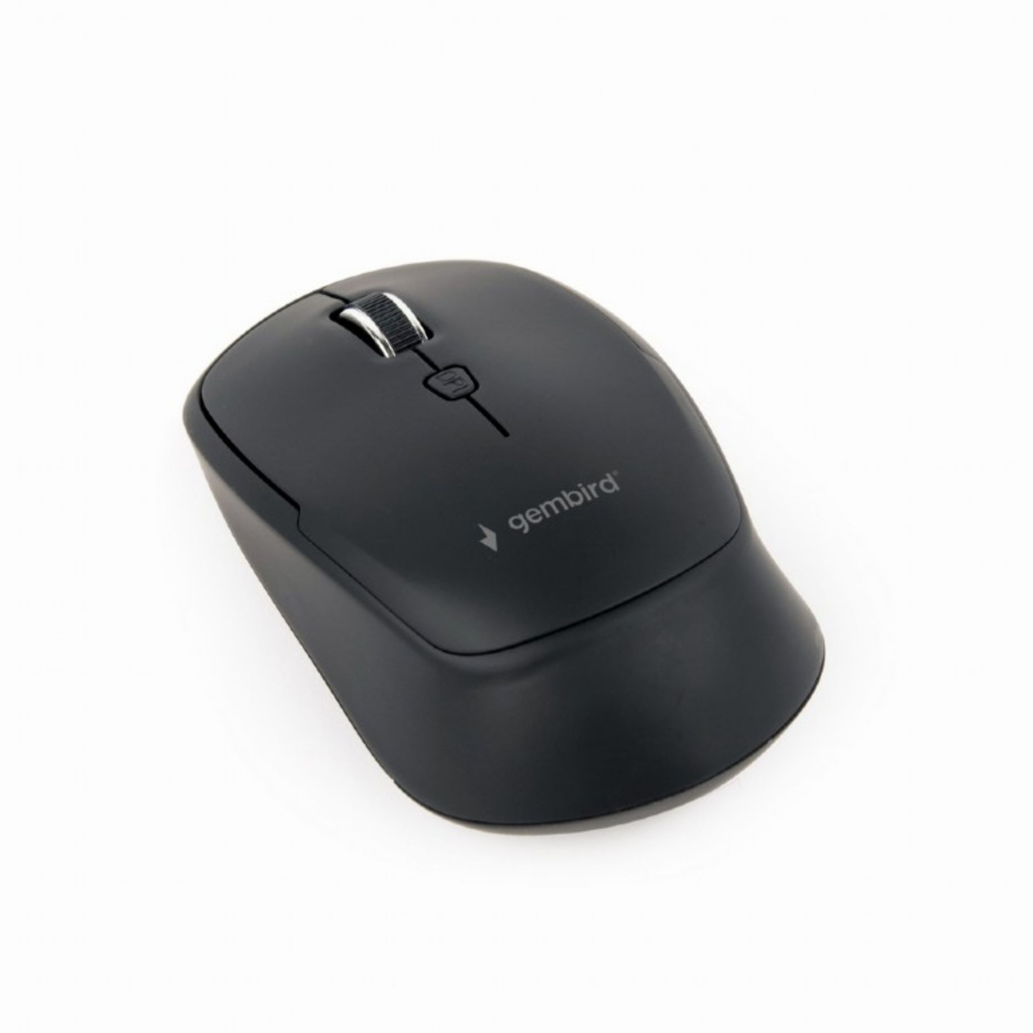 Un mouse wireless nero con logo gembird su sfondo bianco.