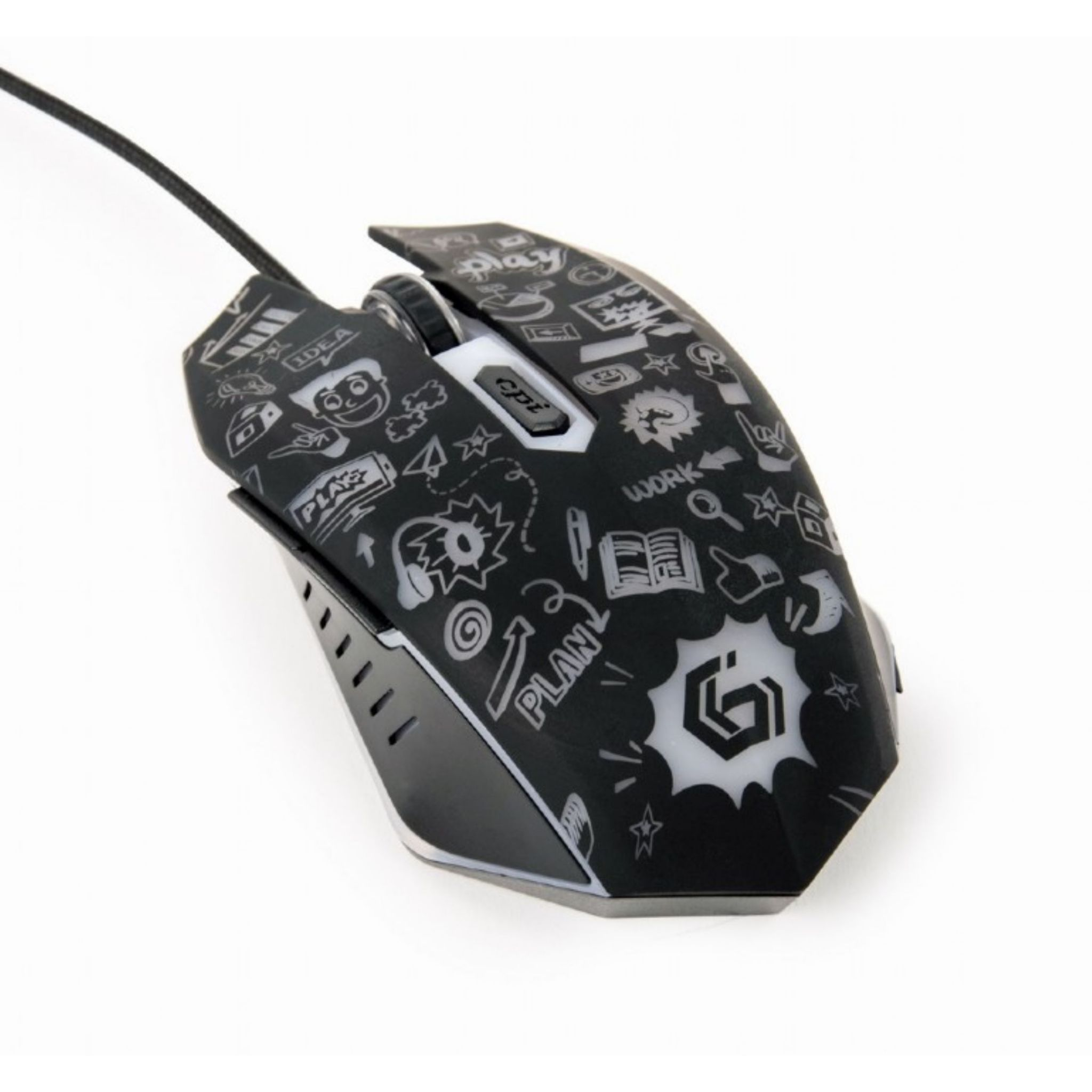 Zwarte gamingmuis met witte krabbels, een scrollwiel en een zwarte kabel.