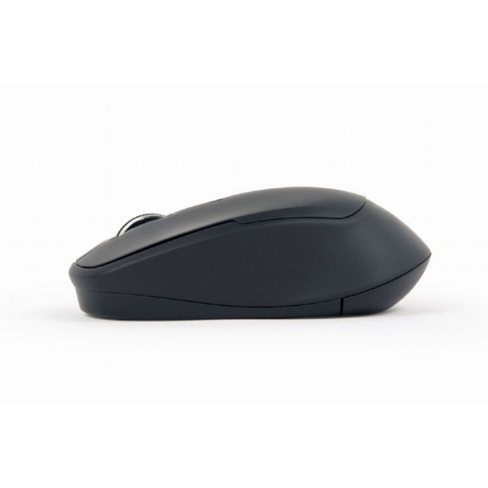 Un mouse per computer nero, visto lateralmente, su sfondo bianco.