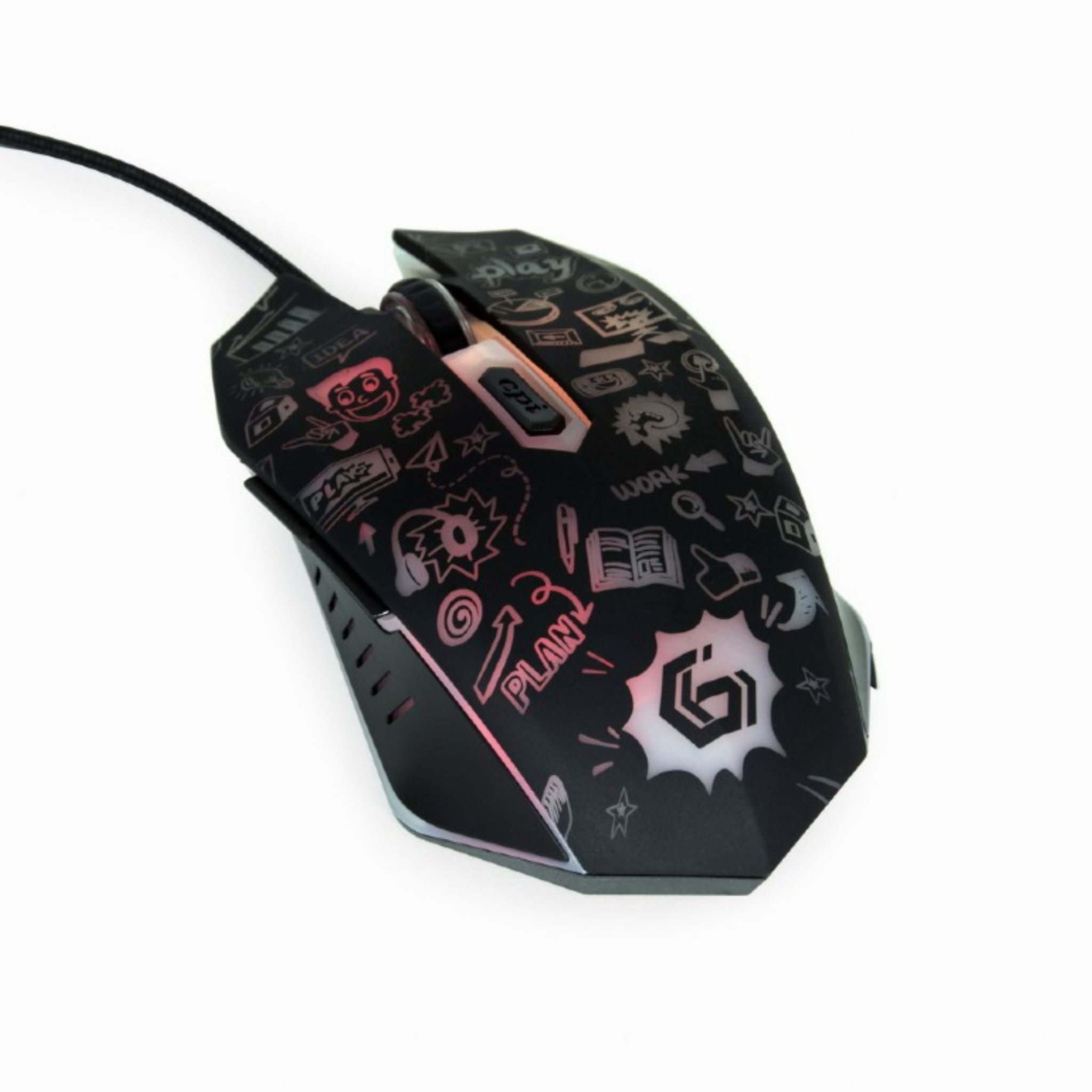 Zwarte gamingmuis met kleurrijke ontwerpen. Heeft een kabel en een witte achtergrond. Versierd oppervlak.