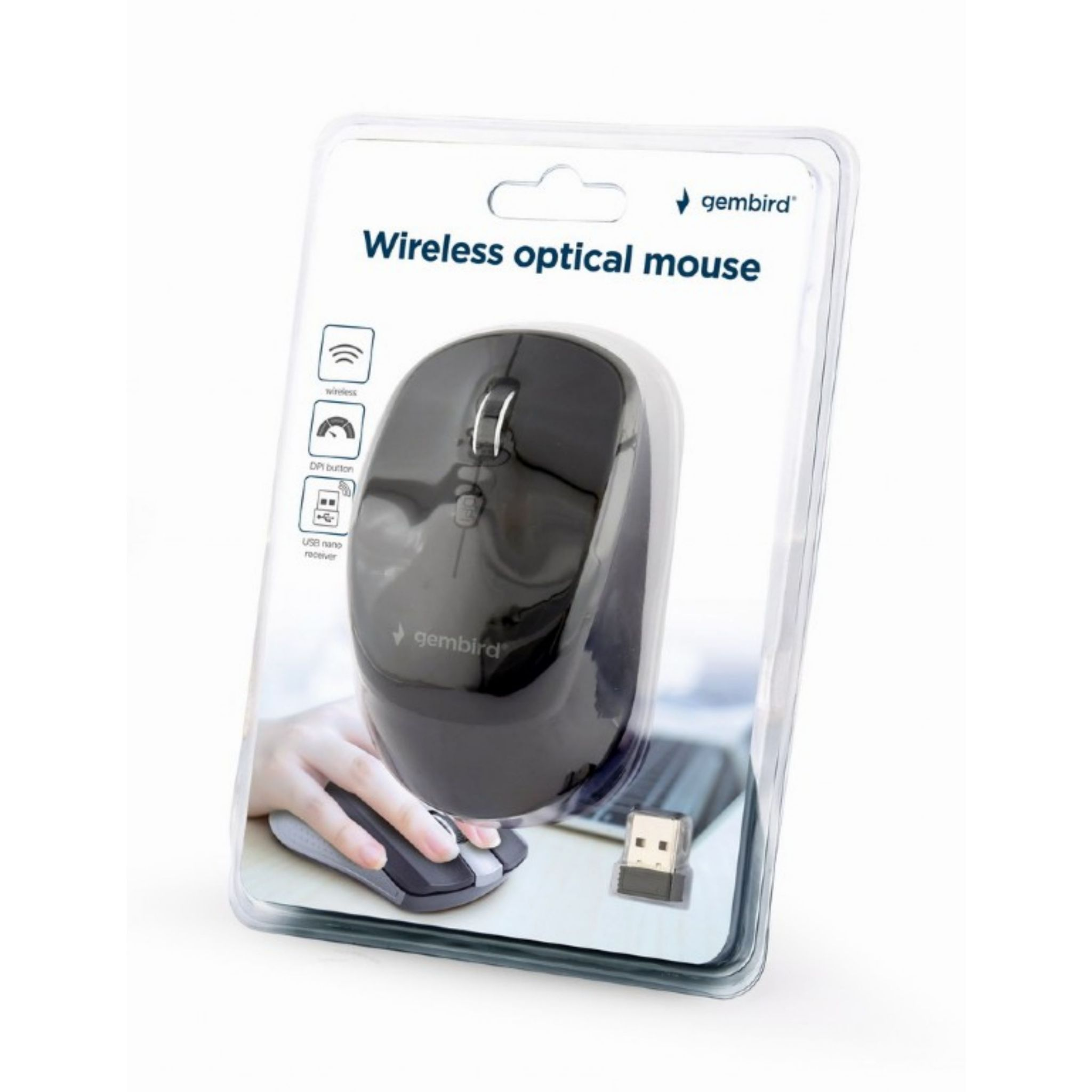 Mouse ottico wireless nero in confezione trasparente. Mouse e ricevitore USB visibili.