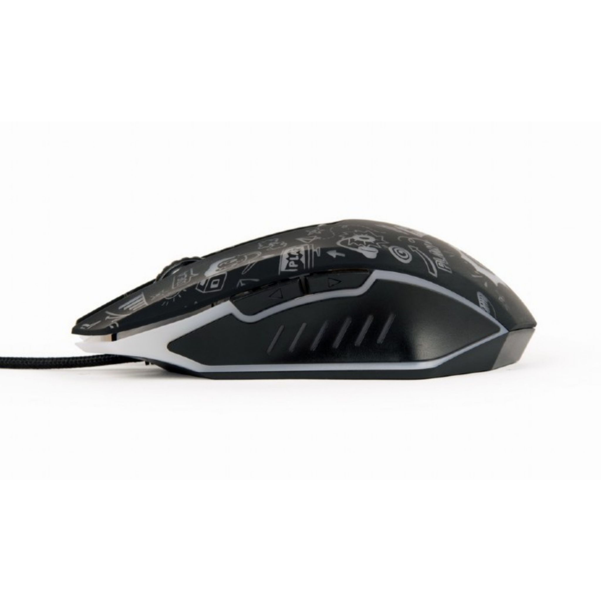 Zwarte en witte gaming muis met design.