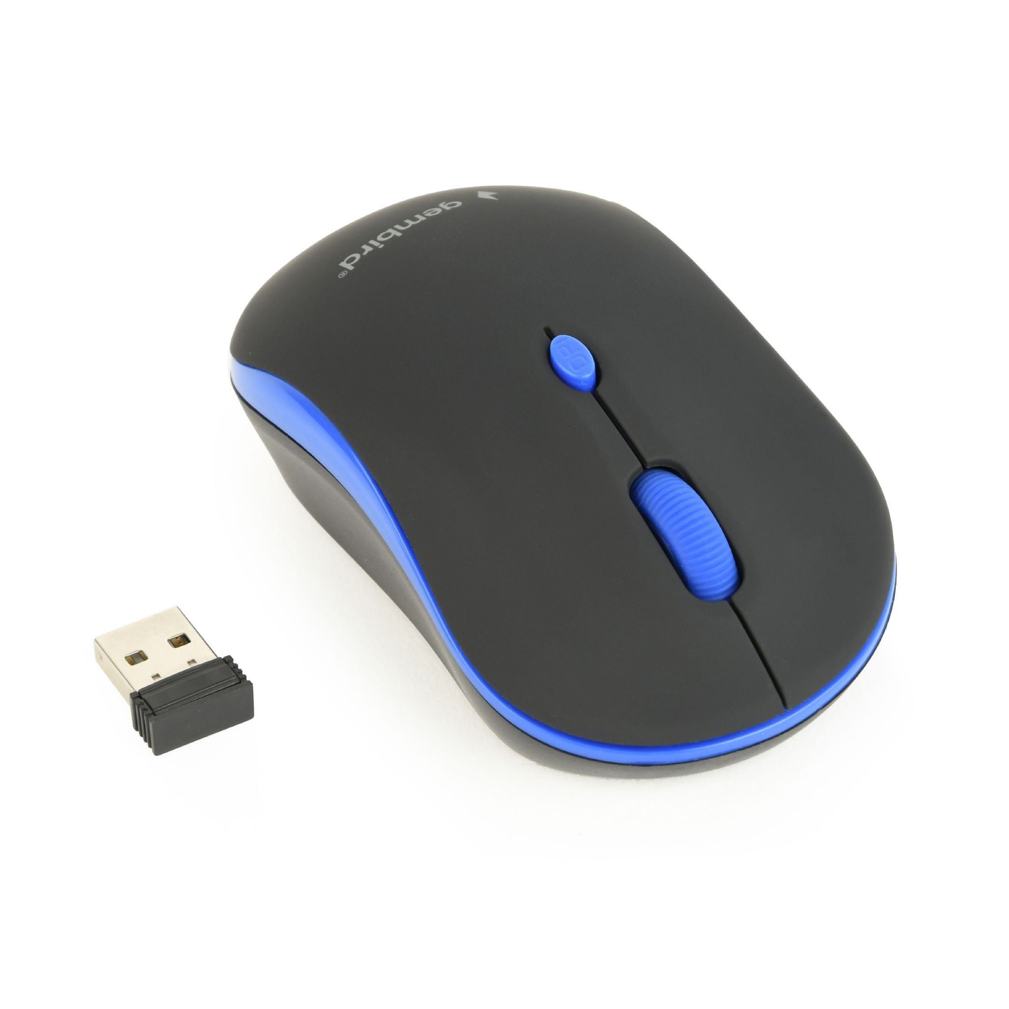 Mouse per computer wireless nero e blu, con un ricevitore USB a sinistra.